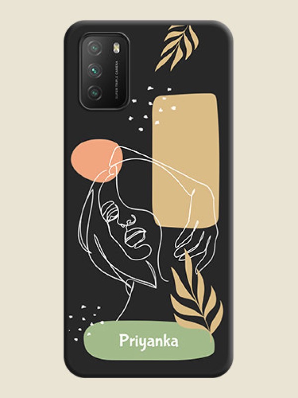 Custom Custom Text With Line Art Of Women & Leaves Design On Space Black Personalized Soft Matte Phone Covers -Poco M3
