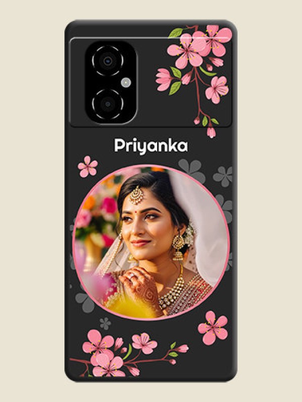 Custom Round Image with Pink Color Floral Design on Photo on Space Black Soft Matte Back Cover - Poco M4 5G