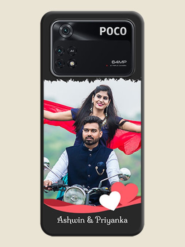 Custom Pin Color Love Shaped Ribbon Design with Text on Space Black Custom Soft Matte Phone Back Cover - Poco M4 Pro 4G