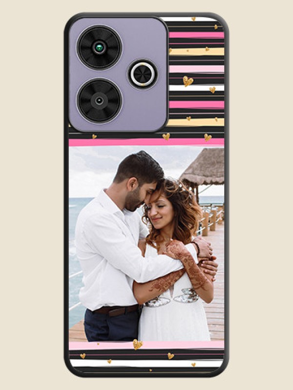 Custom Multicolor Lines and Golden Love Symbols Design on Photo On Space Black Custom Soft Matte Mobile Back Cover - Poco M6 Plus 5G