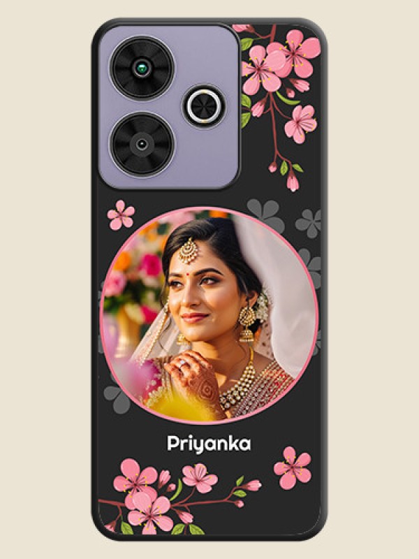 Custom Round Image with Pink Color Floral Design on Photo On Space Black Custom Soft Matte Mobile Back Cover - Poco M6 Plus 5G