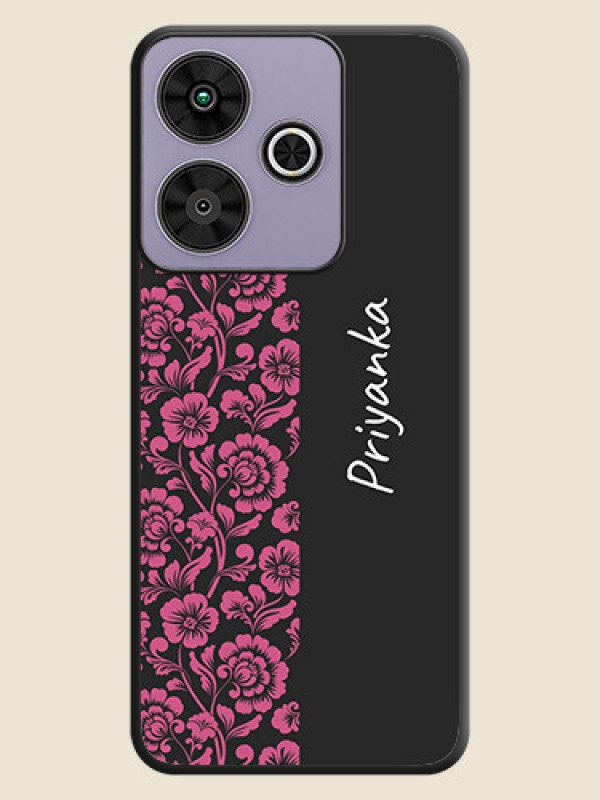 Custom Pink Floral Pattern Design With Custom Text On Space Black Custom Soft Matte Mobile Back Cover - Poco M6 Plus 5G