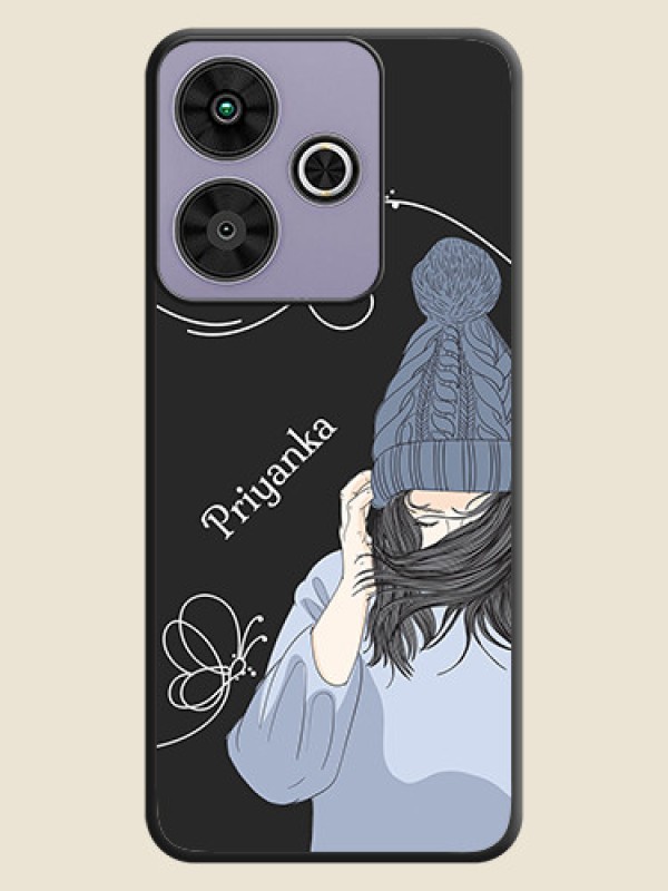 Custom Girl With Blue Winter Outfiit Custom Text Design On Space Black Custom Soft Matte Mobile Back Cover - Poco M6 Plus 5G