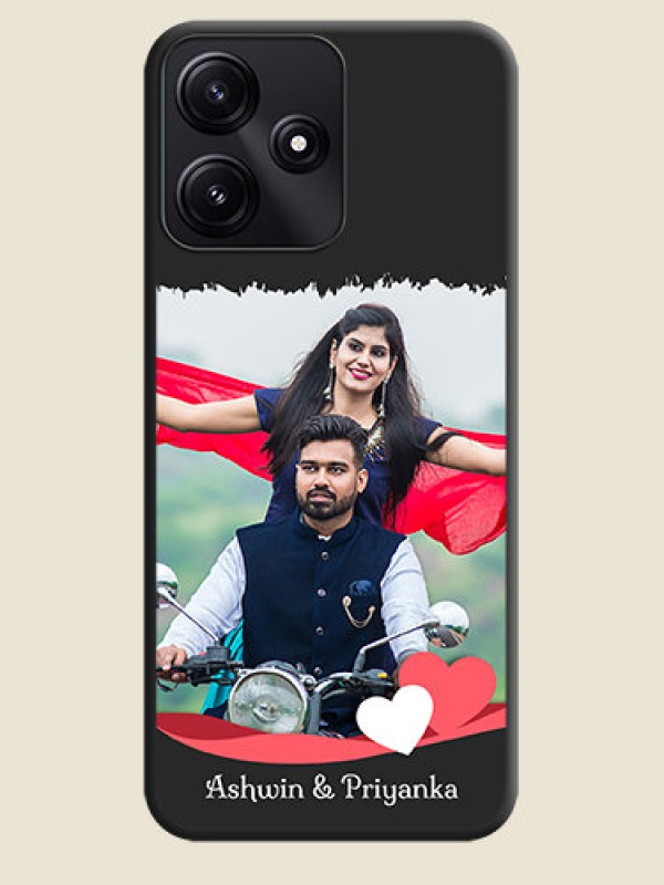 Custom Pink Color Love Shaped Ribbon Design with Text on Space Black Custom Soft Matte Phone Back Cover - Poco M6 Pro 5G
