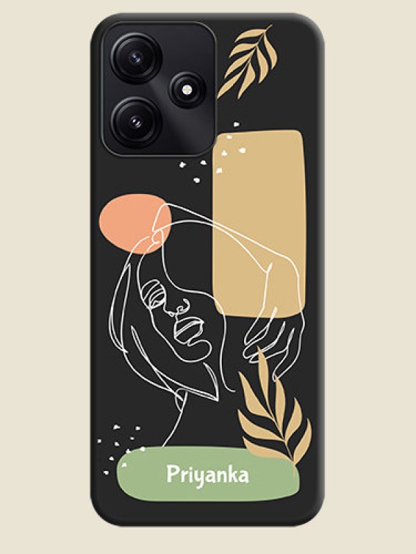 Custom Custom Text With Line Art Of Women & Leaves Design On Space Black Personalized Soft Matte Phone Covers - Poco M6 Pro 5G