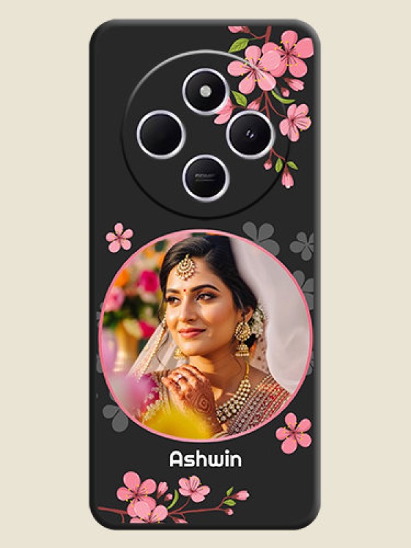 Custom Round Image with Pink Color Floral Design on Photo On Space Black Custom Soft Matte Mobile Back Cover - Poco M7 5G
