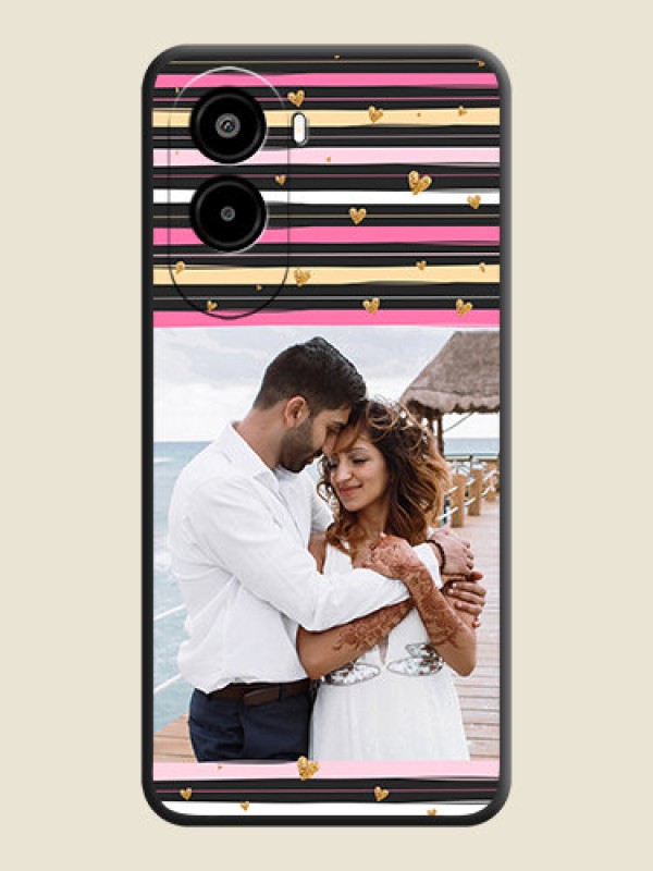 Custom Multicolor Lines and Golden Love Symbols Design on Photo On Space Black Custom Soft Matte Mobile Back Cover - Poco M7 Plus 5G