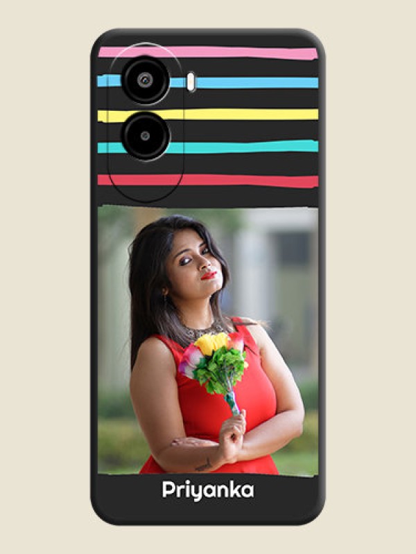 Custom Multicolor Lines with Image On Space Black Custom Soft Matte Mobile Back Cover - Poco M7 Plus 5G