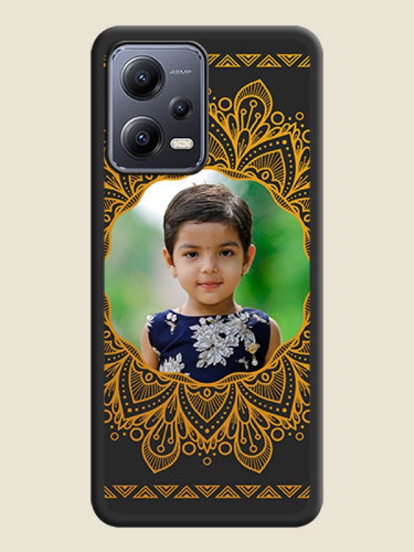 Custom Round Image with Floral Design on Photo on Space Black Soft Matte Mobile Cover - Poco X5 5G