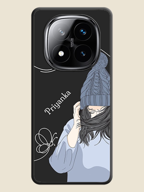 Custom Girl With Blue Winter Outfiit Custom Text Design On Space Black Custom Soft Matte Mobile Back Cover - Poco X7 5G
