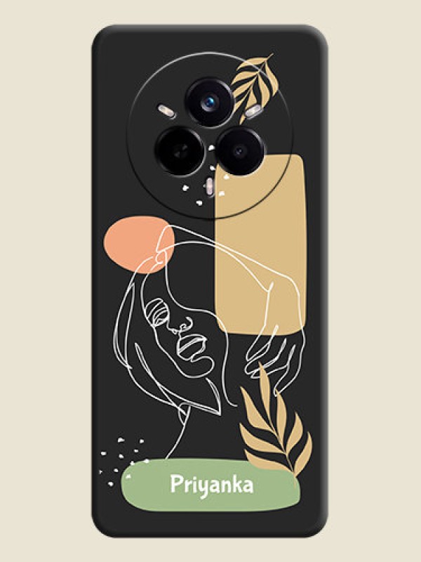 Custom Custom Text With Line Art Of Women & Leaves Design On Space Black Custom Soft Matte Mobile Back Cover - Realme 14 Pro 5G
