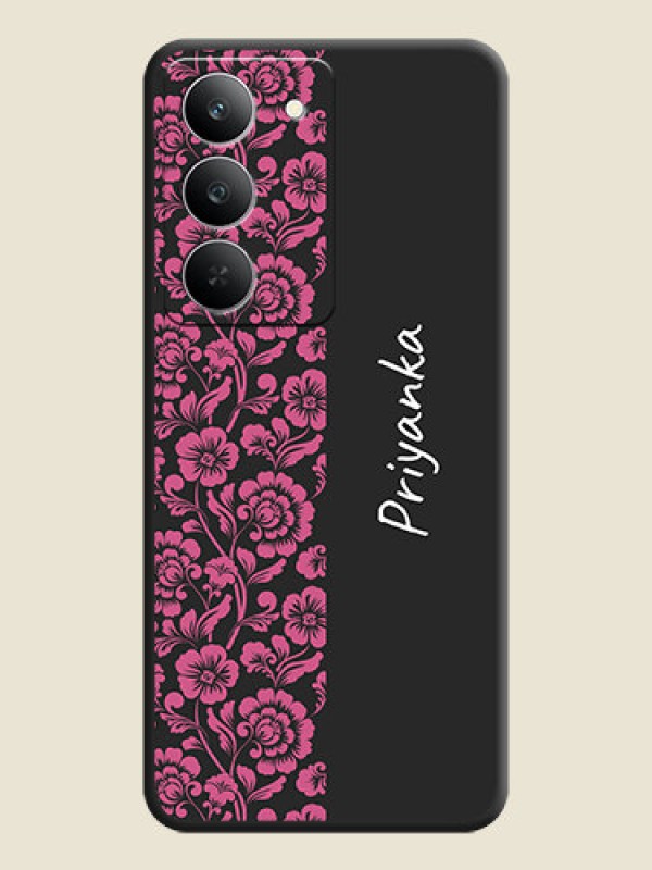 Custom Pink Floral Pattern Design With Custom Text On Space Black Custom Soft Matte Mobile Back Cover - Realme 14x 5G