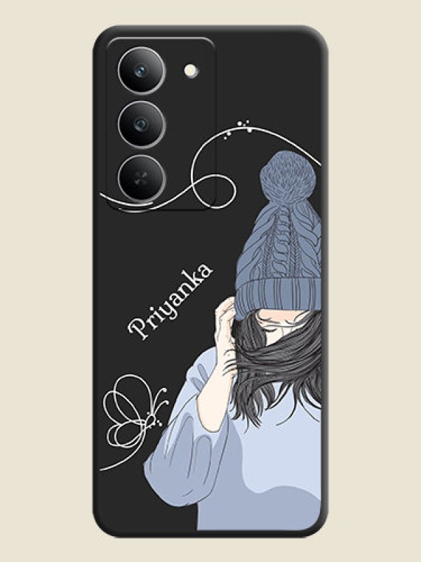 Custom Girl With Blue Winter Outfiit Custom Text Design On Space Black Custom Soft Matte Mobile Back Cover - Realme 14x 5G