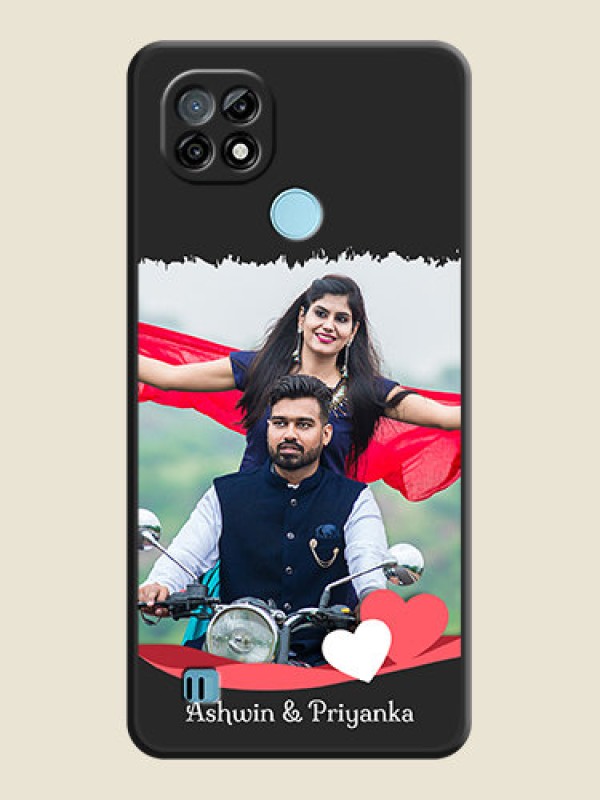 Custom Pin Color Love Shaped Ribbon Design with Text on Space Black Custom Soft Matte Phone Back Cover - Realme C21
