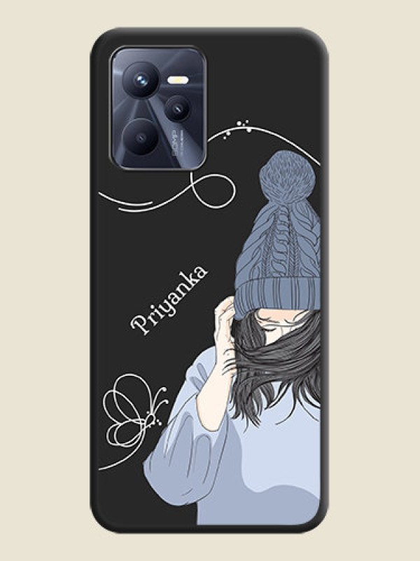 Custom Girl With Blue Winter Outfiit Custom Text Design On Space Black Personalized Soft Matte Phone Covers -Realme C35