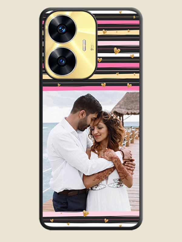 Custom Multicolor Lines and Golden Love Symbols Design on Photo on Space Black Soft Matte Mobile Cover - Realme C55