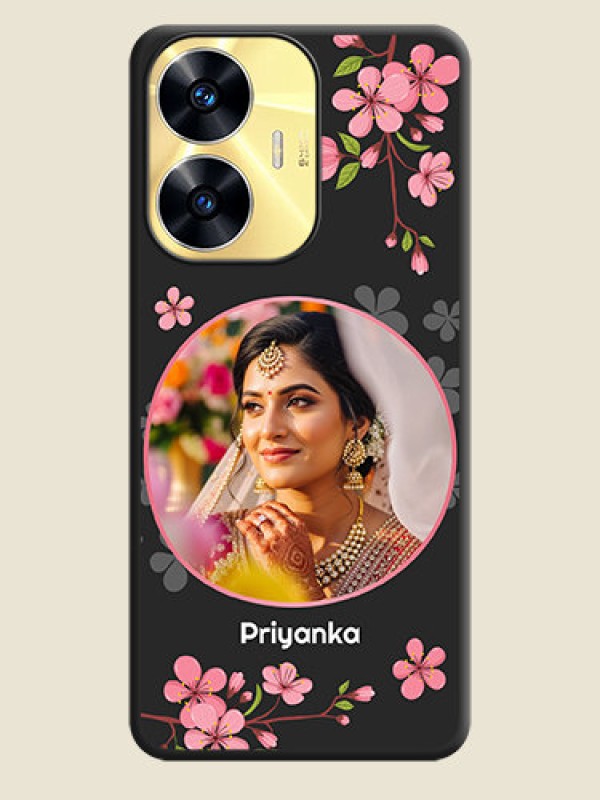 Custom Round Image with Pink Color Floral Design on Photo on Space Black Soft Matte Back Cover - Realme C55
