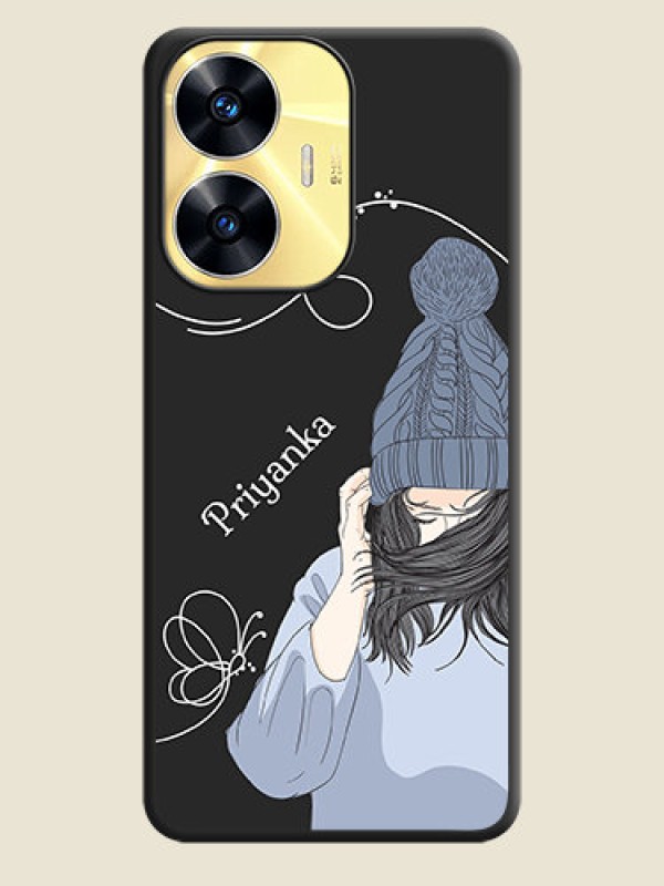 Custom Girl With Blue Winter Outfiit Custom Text Design On Space Black Personalized Soft Matte Phone Covers -Realme C55