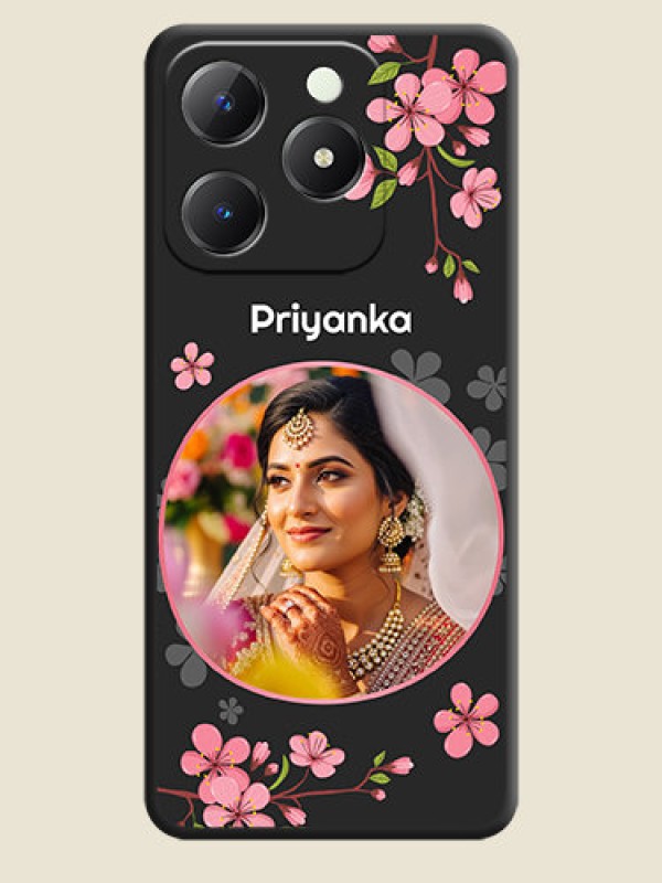Custom Round Image with Pink Color Floral Design on Photo On Space Black Custom Soft Matte Mobile Back Cover - Realme C63