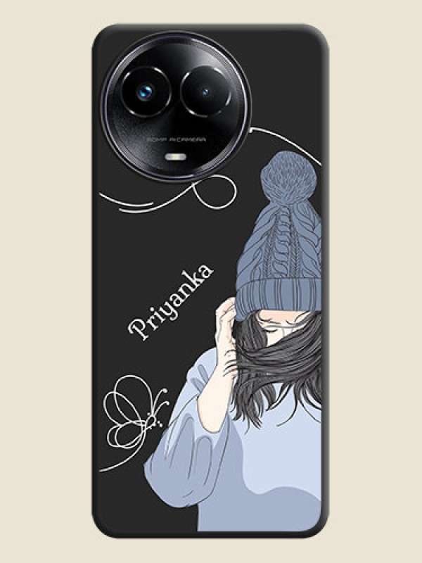Custom Girl With Blue Winter Outfiit Custom Text Design On Space Black Personalized Soft Matte Phone Covers - Realme C67 5G