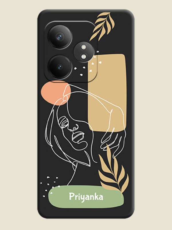 Custom Custom Text With Line Art Of Women & Leaves Design On Space Black Custom Soft Matte Mobile Back Cover - Realme GT 6T 5G