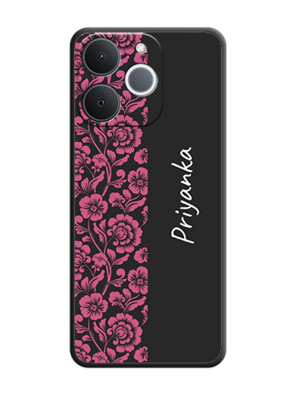 Custom Pink Floral Pattern Design With Custom Text On Space Black Custom Soft Matte Mobile Back Cover - Realme Narzo 80 Lite 4G