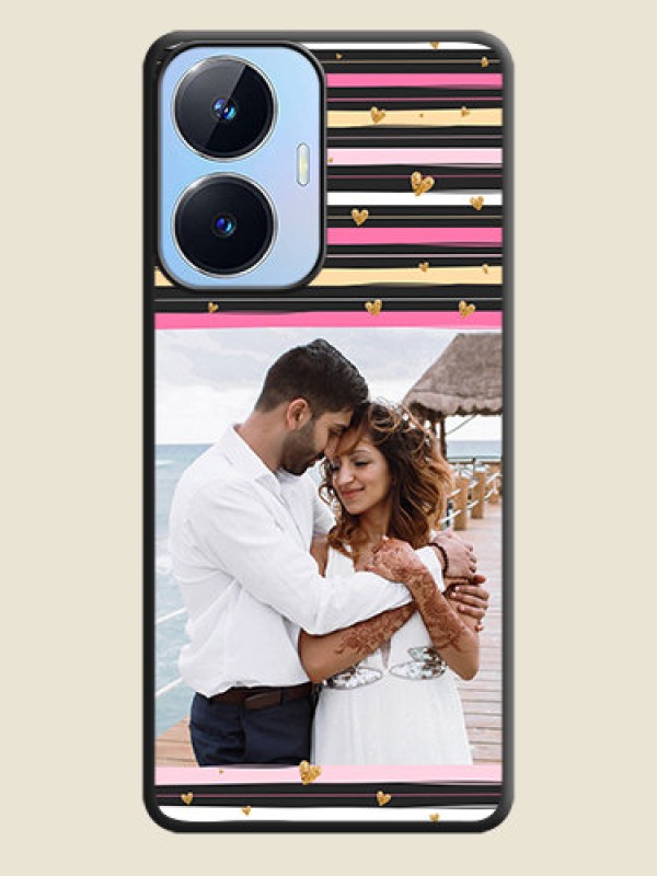 Custom Multicolor Lines and Golden Love Symbols Design on Photo on Space Black Soft Matte Mobile Cover - Realme Narzo N55