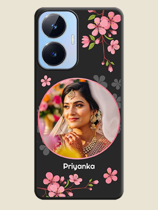 Custom Round Image with Pink Color Floral Design on Photo on Space Black Soft Matte Back Cover - Realme Narzo N55