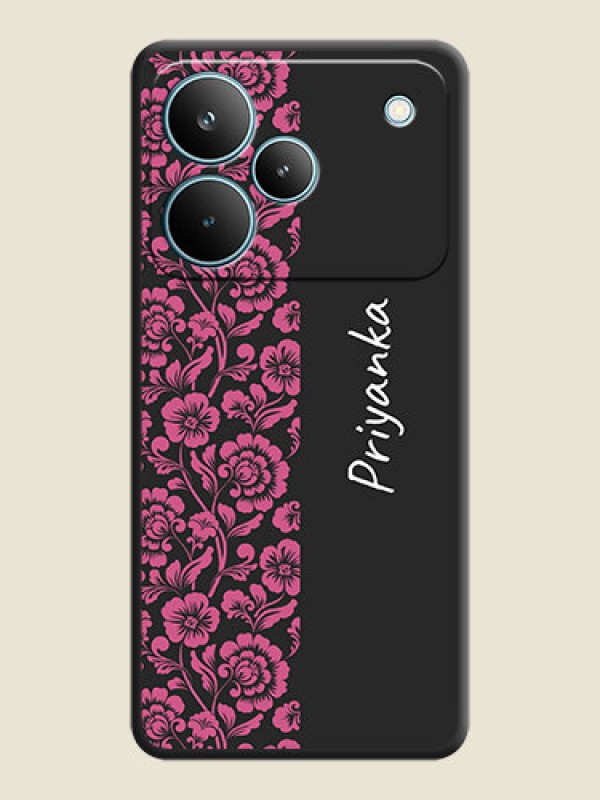 Custom Pink Floral Pattern Design With Custom Text On Space Black Custom Soft Matte Mobile Back Cover - Realme P4 Pro 5G