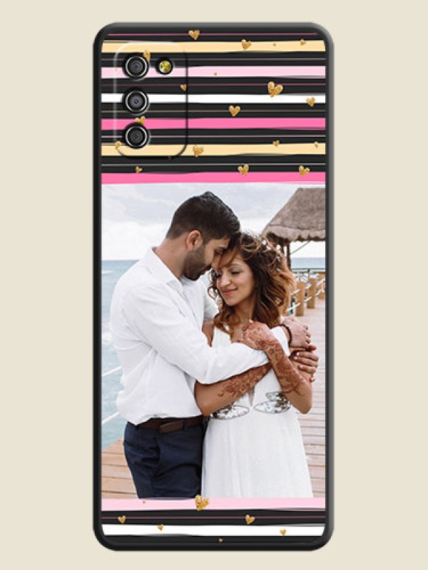 Custom Multicolor Lines and Golden Love Symbols Design on Photo on Space Black Soft Matte Mobile Cover - Galaxy A03s