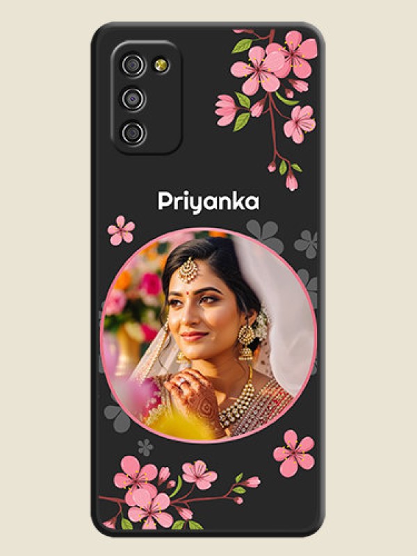Custom Round Image with Pink Color Floral Design on Photo on Space Black Soft Matte Back Cover - Galaxy A03s