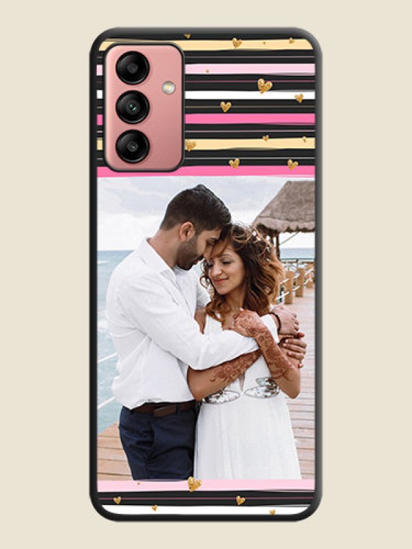 Custom Multicolor Lines and Golden Love Symbols Design on Photo on Space Black Soft Matte Mobile Cover - Galaxy A04s