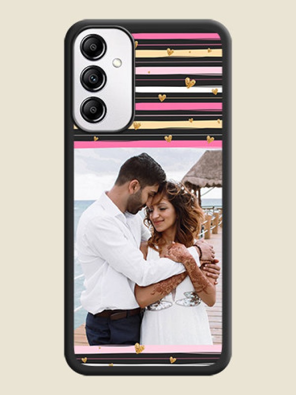 Custom Multicolor Lines and Golden Love Symbols Design on Photo on Space Black Soft Matte Mobile Cover - Samsung Galaxy A14