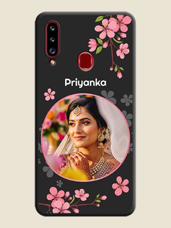 Custom Round Image with Pink Color Floral Design on Photo on Space Black Soft Matte Back Cover - Galaxy A20s