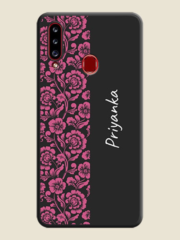 Custom Pink Floral Pattern Design With Custom Text On Space Black Personalized Soft Matte Phone Covers -Samsung Galaxy A20S