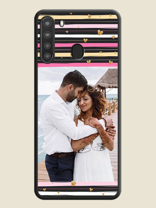 Custom Multicolor Lines and Golden Love Symbols Design on Photo on Space Black Soft Matte Mobile Cover - Galaxy A21