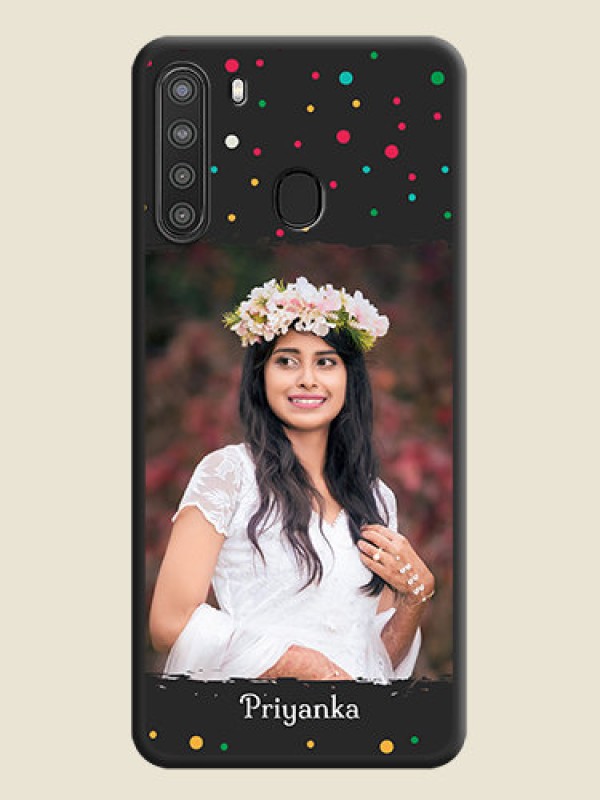 Custom Multicolor Dotted Pattern with Text on Space Black Custom Soft Matte Phone Back Cover - Galaxy A21