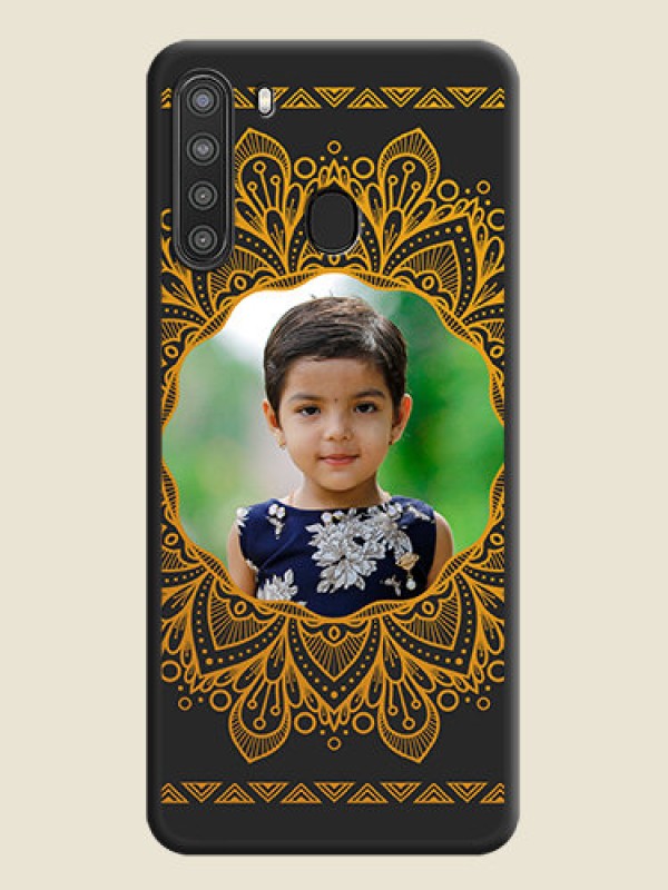 Custom Round Image with Floral Design on Photo on Space Black Soft Matte Mobile Cover - Galaxy A21