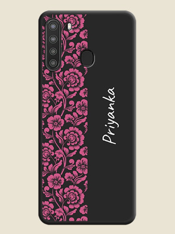 Custom Pink Floral Pattern Design With Custom Text On Space Black Personalized Soft Matte Phone Covers -Samsung Galaxy A21