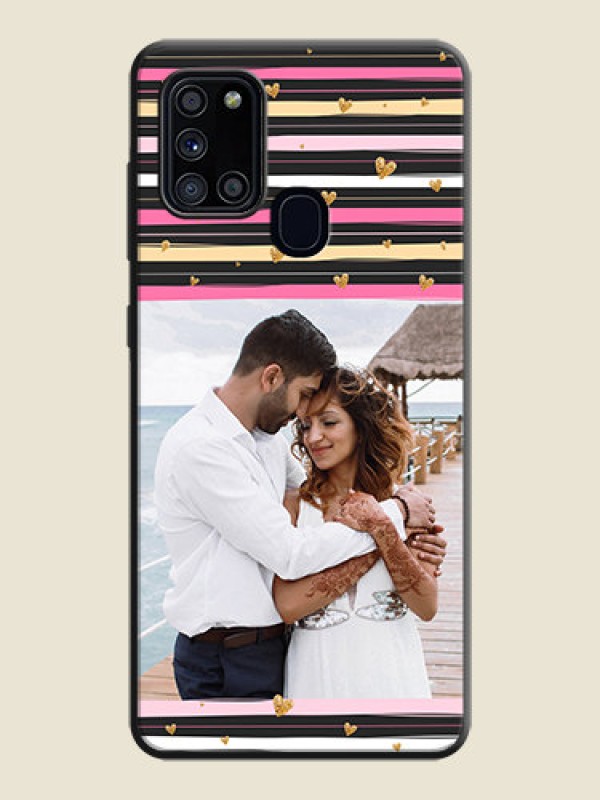 Custom Multicolor Lines and Golden Love Symbols Design - Photo on Space Black Soft Matte Mobile Cover - Galaxy A21S