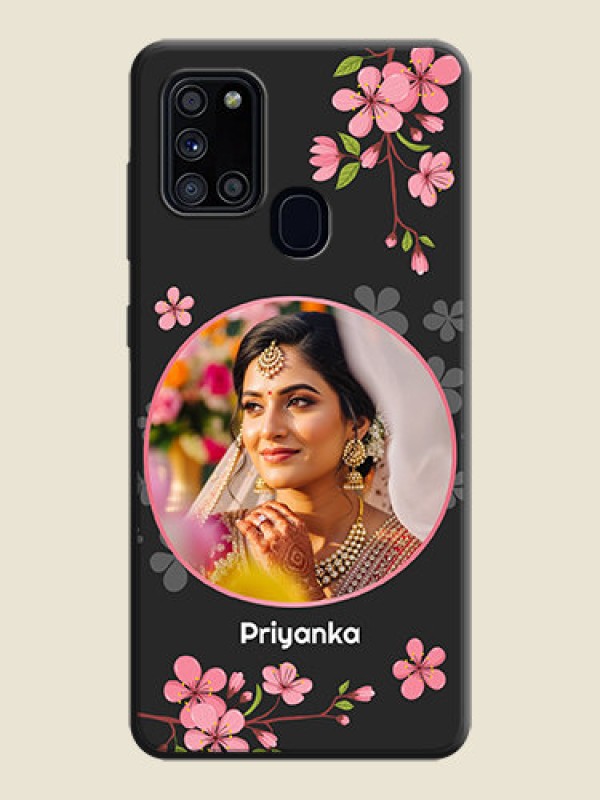 Custom Round Image with Pink Color Floral Design - Photo on Space Black Soft Matte Back Cover - Galaxy A21S