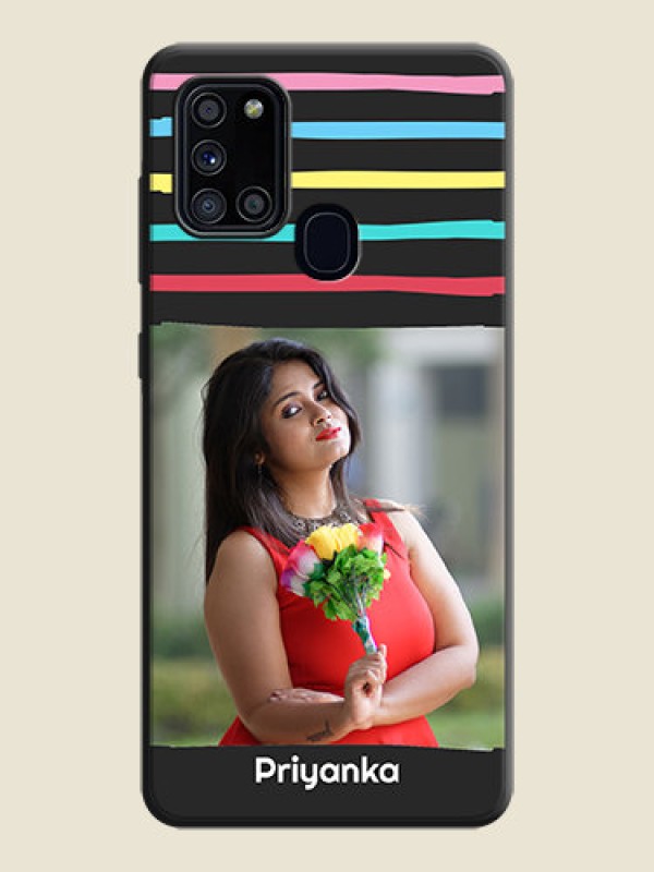 Custom Multicolor Lines with Image on Space Black Personalized Soft Matte Phone Covers - Galaxy A21S