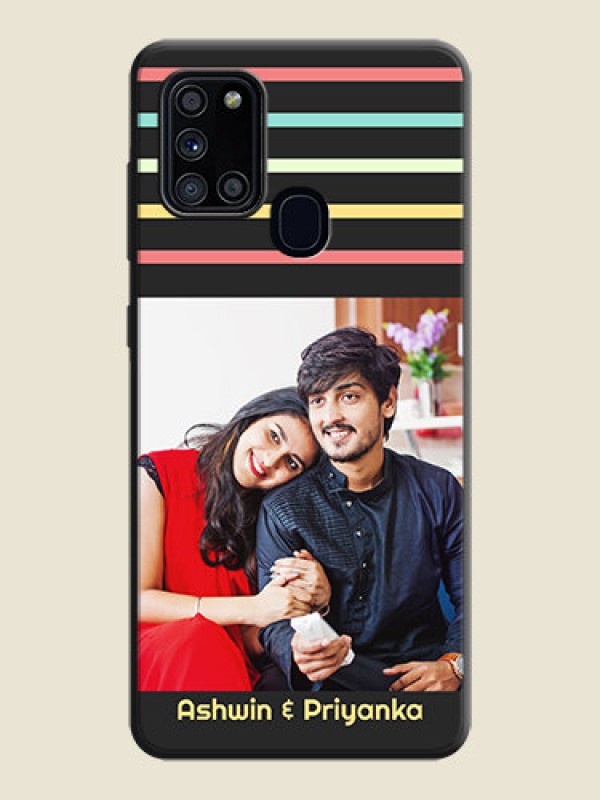 Custom Color Stripes with Photo and Text - Photo on Space Black Soft Matte Mobile Case - Galaxy A21S