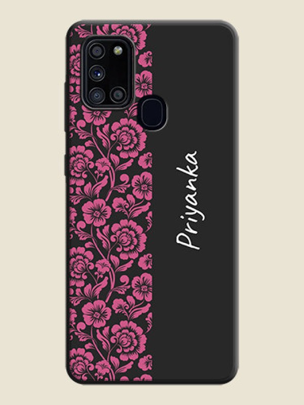 Custom Pink Floral Pattern Design With Custom Text On Space Black Personalized Soft Matte Phone Covers -Samsung Galaxy A21S