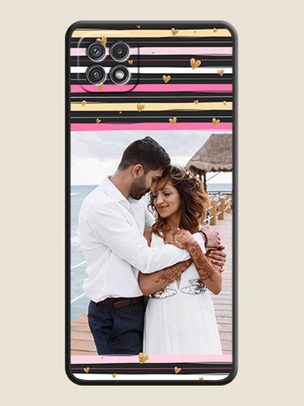 Custom Multicolor Lines and Golden Love Symbols Design on Photo on Space Black Soft Matte Mobile Cover - Galaxy A22 5G