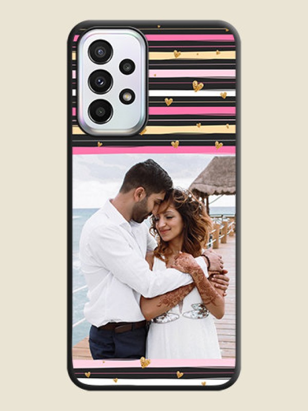 Custom Multicolor Lines and Golden Love Symbols Design on Photo on Space Black Soft Matte Mobile Cover - Galaxy A23