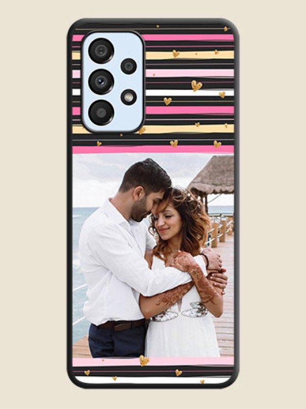 Custom Multicolor Lines and Golden Love Symbols Design on Photo on Space Black Soft Matte Mobile Cover - Galaxy A33 5G