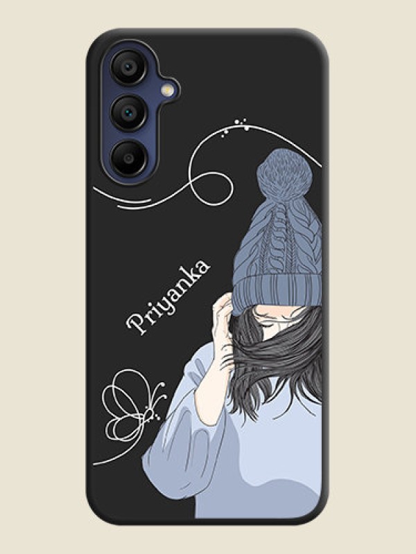 Custom Girl With Blue Winter Outfiit Custom Text Design On Space Black Personalized Soft Matte Phone Covers - Galaxy F15 5G