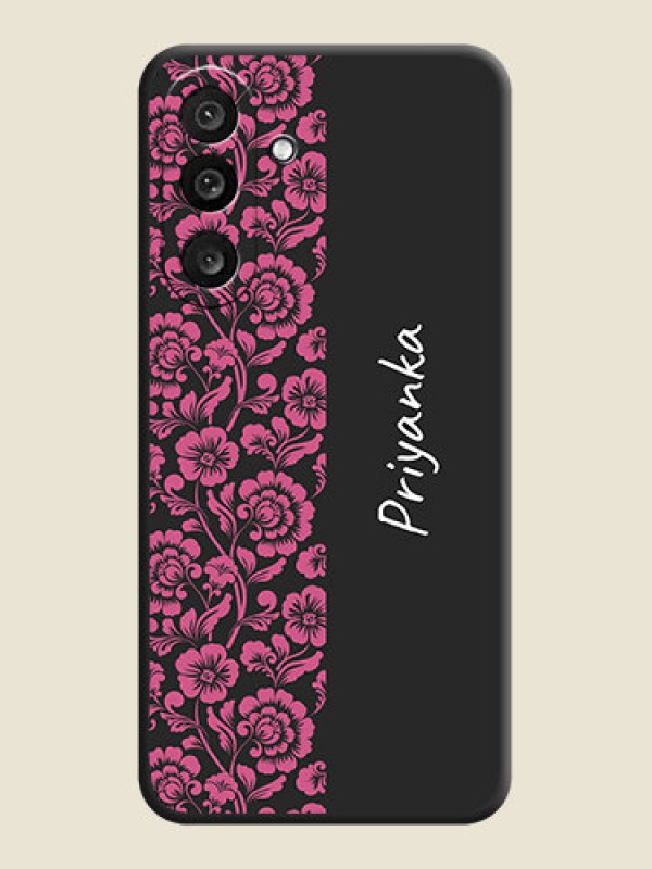 Custom Pink Floral Pattern Design With Custom Text On Space Black Custom Soft Matte Mobile Back Cover - Samsung Galaxy F56 5G