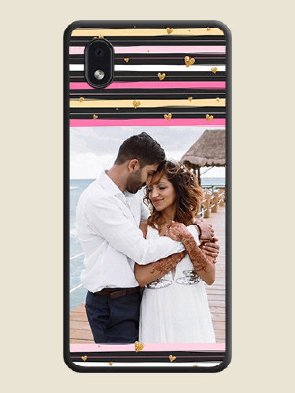 Custom Multicolor Lines and Golden Love Symbols Design on Photo on Space Black Soft Matte Mobile Cover - Galaxy M01 Core